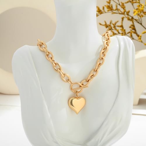 Fauthenticute Gold Heart Pendant Necklaces For Women Worn Gold Chunky Link Chain Necklaces With A Heart Toggle And Bar Mothers Day Necklace Gifts For Mom thumb #5