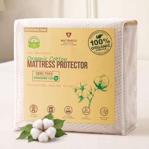 Deluxe Cooling Mattress Protector Cali King - Waterproof - Crisp, Breathable Organic Cotton Surface with a Percale-Inspired Feel - 280GSM Air-Knit Mattress Pad - Noiseless Deep Pocket