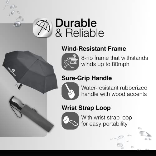 The Weather Station Weatherproof Super Mini Rain Umbrella, Automatic, Compact, Lightweight, And Packable For Travel, Full 42 Inch Arc, Gray #TOP3