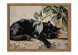 Framed Black Cat Canvas Wall Art, Vintage Sleeping Cat with Plant Picture Wall Decor Paintings, Cute Animal Poster Prints Rustic Aesthetic Home Decor for Living room Bedroom Bathroom 8x10 inch