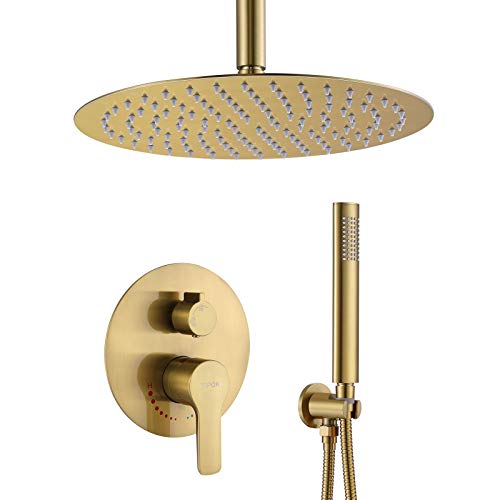 Gold Shower System, Ceiling Shower Faucet Brushed Gold Has 12 Inch Round Golden Brush Rain Shower Head With Handheld and Valve, TIPOK Brush Gold Rainfall Shower Head System for Bathroom Shower Fixture