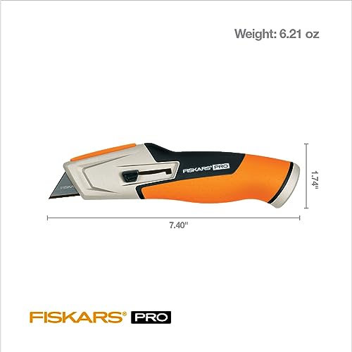 Image of Fiskars Pro Retractable Utility Knife, Heavy Duty Box Cutter with CarbonMax Long-lasting Snap Blade, and Easy Hinge Open with Quick Blade Change and Storage, Orange /Black