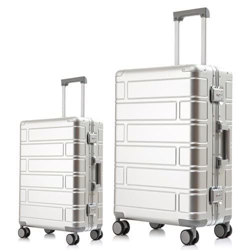 ロック付きアルミ製機内持ち込み手荷物 - 20インチハードシェーツケースセット(ブラック)(Silvery,2Piece(20/28))