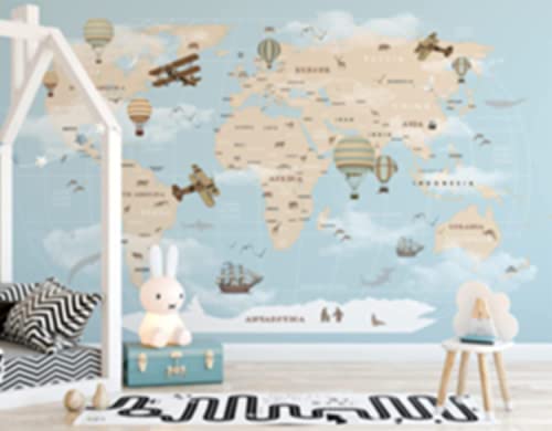 Murwall Kids Map Wallpaper For Child Beige World Map Wall Mural Vintage Map Wall Art Airplane And Hot Air Balloon Wall Print Children Rooms #TOP1
