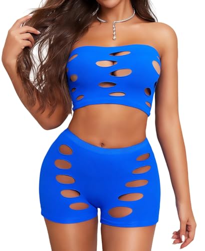 RSLOVE Ensembles Lingerie Sexy Femme - Résille Nuisette Creuser Mini Robe sous-Vêtement Bleu Taille Unique