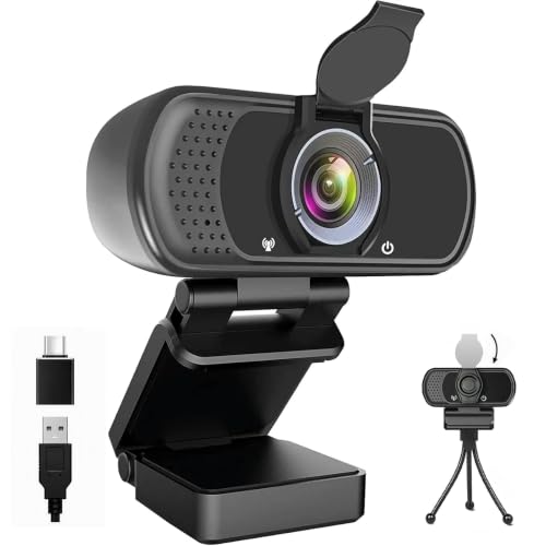 HZQDLN 1080P Webcam with Microphone USB Privacy Cover Tripod 110° for PC