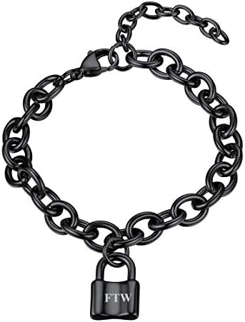 FindChic Black Cable Chain Bracelets for Women with Padlock Charm Stainless Steel 7.5inch Adjustable Thick Wrist Link Statement Punk Personalized Lock Bracelet for Men