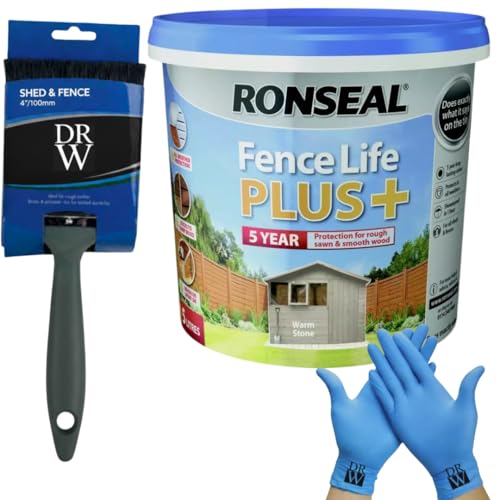 Image of Ronseal One Coat Shed & Fence Protector Warm Stone 5L UV Protection + Free 4" Fence Paint Brush & Nitrile Gloves | Long-Lasting Weatherproof Wood Protection | One Coat Formula for Sheds and Fences