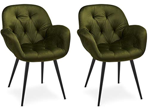 Ibbe Design Salina Lot de 2 Olive Verte Chaises Salle à Manger en Tissu Velours Salle à Manger Salon Bureau Cuisine, Fauteuil Rembourré Scandinaves, Pieds en Métal