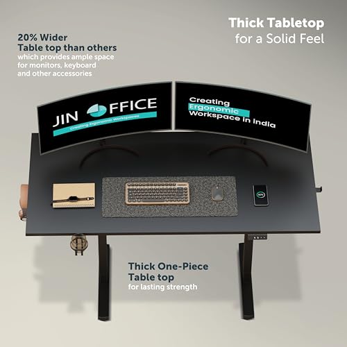 Image of JIN OFFICE Octave Electric Height Adjustable Desk | Standing Desk, 80 Kg Wt. Cap, 2 Year Warranty| Sit Stand Table with Cup Holder, Memory Preset| Stability Crossbar| Black 1200*750mm /25mm Thick Top
