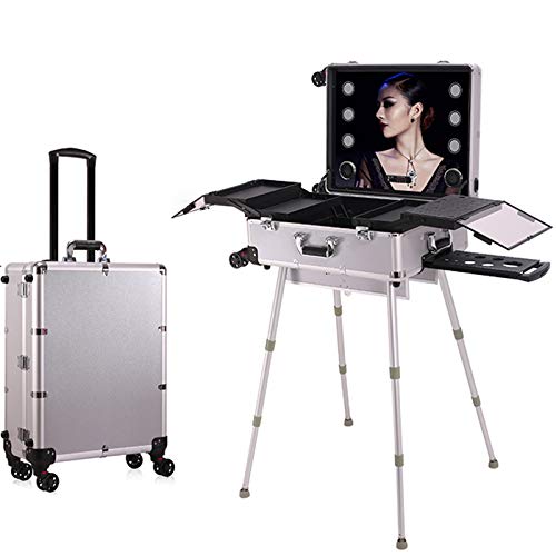 Preisvergleich Produktbild CXYY Friseurkoffer,Beleuchteter Kosmetikkoffer Tragbarer Tragbarer Wagen Mit Großer Kapazität Und Make-Up-Aufbewahrungskosmetikkoffer Mit Lampe,Silber