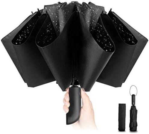 Travel Inverted Umbrella Compact Windproof- Automatic reverse Black Umbrellas for Rain - Men and Women, Folding Portable Teflon Coating 120cm Span, 10 Large Rids Umbrella