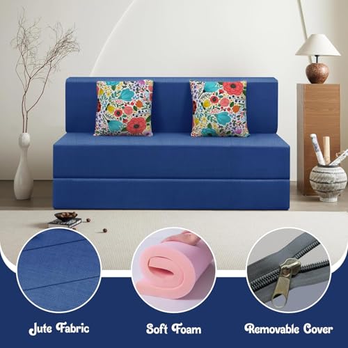 Image of Rosebell Foldable 2 Seater Sofa Cum Bed, Sofa Bed 4X6 Feet, Jute Fabric- Washable Cover- Including Two Cushion Perfect for Home & Office-Blue Color