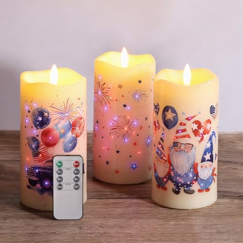 Image of Eywamage Patriotic 4th of July LED Candles, Flickering Fiber Optic Flameless Candles with Remote Set of 3
