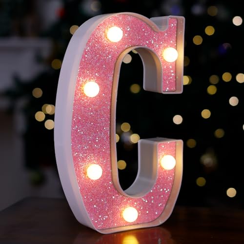 Image of LED Letter Lights Pink Glitter Marquee Letters Light Up Alphabet Letters Sign Battery Powered for Home Party Decoration Night Bar Wedding Birthday Christmas Lamp Girls Gift - Letter C
