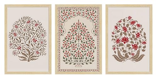Image of ArtX Paper Madhubani Floral Paintings with Frame for Home Decor Wall Art, Wall Paintings for Living Room, Multicolor, Natural Wood Color Frames, 12.0x18.0 inch, Set of 3