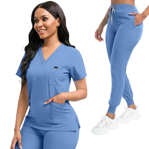 YEZEX Scrubs for Women Set, Stretch V-Neck Top & Jogger Scrub Pants, CeilBlue