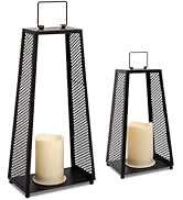 HPC Decor 2PCS Solar Lanterns for Outdoor Decor-18.5in 14.2in Black Metal Candle Lanterns w/ Wate...