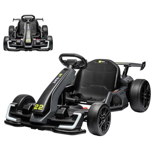 GarveeLife 24V Electric Go Kart for Kids，Powerful Drift Kart with 2 * 150W Motors, Adjustable Seat, 8 mph Speed, Led Lights ，Outdoor Riding Toy for Children Ages 6-15,Grey