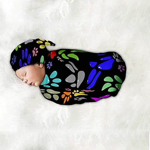 Image of Rainbow Dog Paw Newborn Swaddle Blankets Beanie Hat Sets,Newborn Receiving Blanket for Boy Girl,Swaddle Sack Shower Infant Gift, One Size