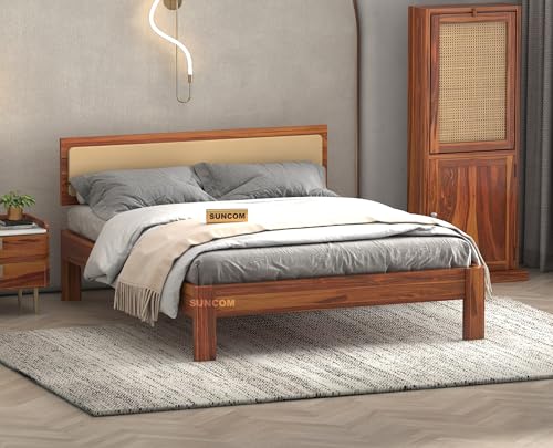 Image of SUNCOM Wooden Queen Size Bed for Bedroom | Wooden Double Bed | Platform Cot Bed with Upholstered Cushioned Headboard | 6.5 x 5 Ft | Sheesham Solid Wood, Honey Finish