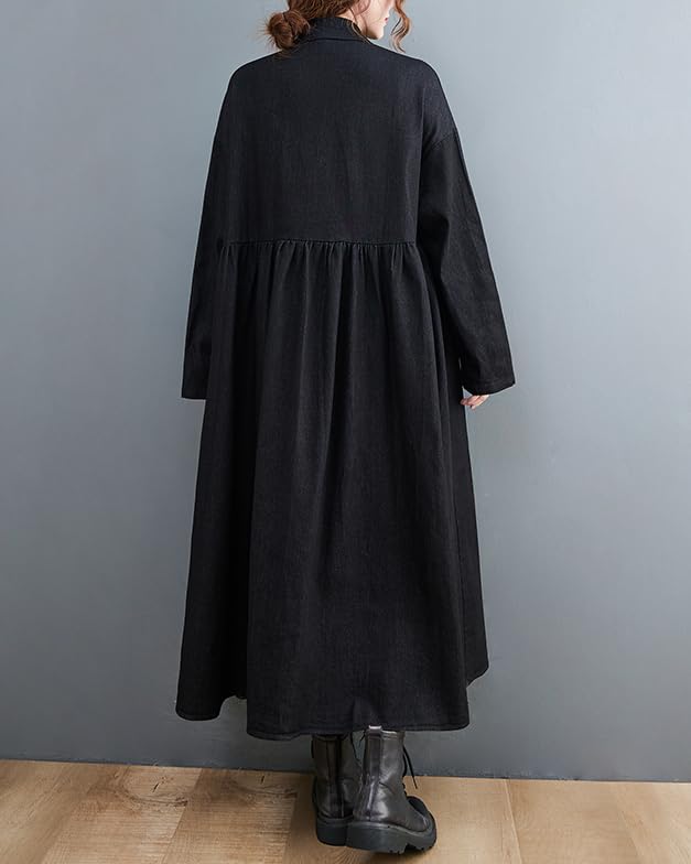 ellazhu Women's Dress Casual Lapel Long Sleeve Oversize Button Down Patchwork Long Maxi Hem Side Pockets GZ625 A4