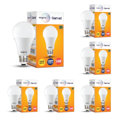 Image of wipro Garnet 14W LED Bulb for Home & Office |Warm White (2700K) | E27 Base|220 degree Light coverage |4Kv Surge Protection |400V High Voltage Protection |Energy Efficient | Pack of 6
