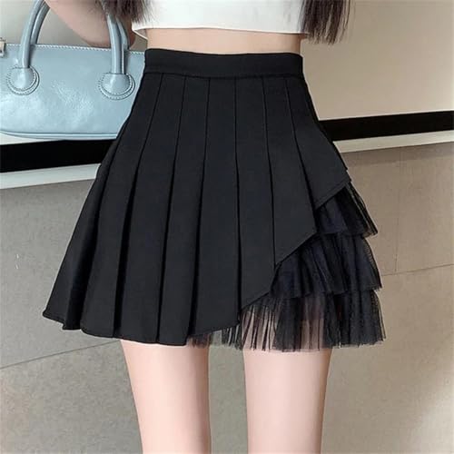 Women Korean Solid Color Irregular Mesh Stitching Fashion High Waist Pleated Skirt2
