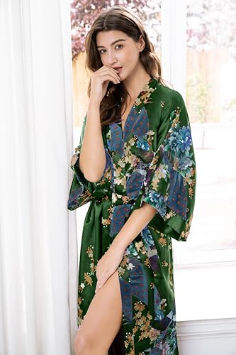 BABEYOND Women's Kimono Robe Long Robes with Peacock and Blossoms Printed Kimono Nightgown