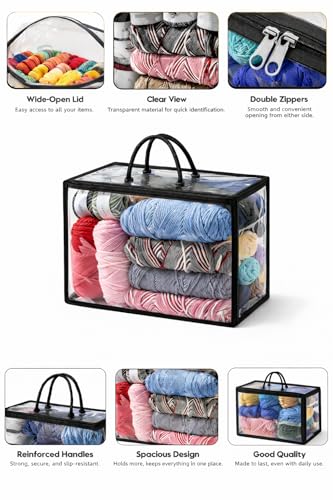 Image of Remittur 6 Packs Large Yarn Storage Bags, Clear Yarn Storage Organizer with Zippers and Handles, Crochet Bag Knitting Bag for Knitting Needles Crochet Hooks-Black