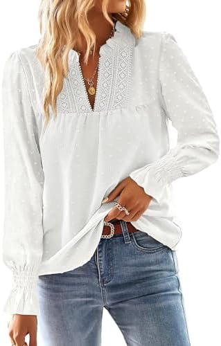 TUUHAW Langarmshirt Damen Boho Bluse Elegant Top Oberteile V-Ausschnitt | Fließend Elegant, T Shirt Süß, Lässig Outfits, Frühling Winter Herbst, Longshirt Spitze Kleidung, Paspel V