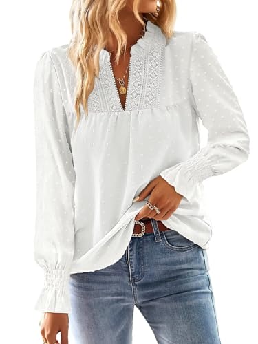 TUUHAW Camiseta Manga Larga Mujer Otoño Talla Grande Boho Blusa Elegante con Cuello en V 2025 Moda Bordado Encaje Punto Suizo Top Color Sólido Ropa Túnica Blanco 2XL