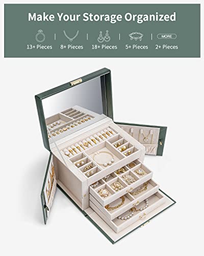 Vlando Velvet Jewelry Organizer Box For Women, Large Leather Jewelry Storage Box With Locked, Mirrored, 3 Drawer For Watch Necklace Ring Earring Storage, Gift For Girl Women And Mom - Green #TOP1