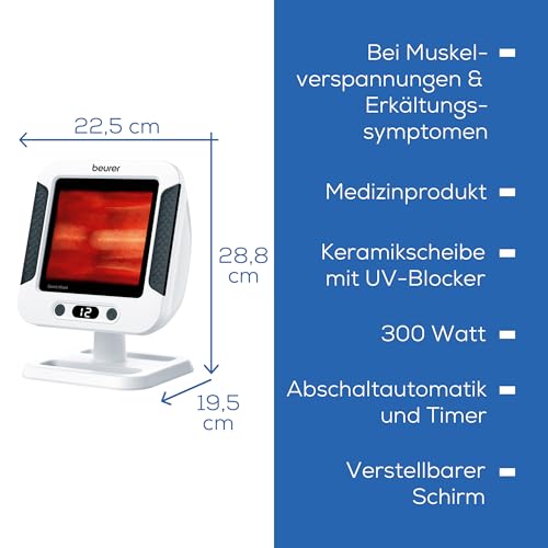 Beurer IL 60 Infrarot-Wärmestrahler, wohltuende Wärme bei Erkältung und Muskelverspannung, Medizinprodukt mit 300 Watt, Glaskeramikscheibe mit UV-Schutz, Schirm verstellbar, Made in Europe