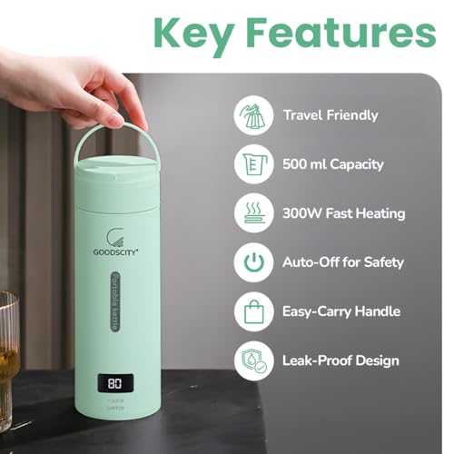 Image of Goodscity Portable Electric Kettle Travel Water Bottle For Boiling Hot Water Milk With Cool Touch Exterior, Auto Shut Off, 300W fast Heating, Leakproof, 1 Touch Screen, 500 Ml, Green, 1 year Warranty