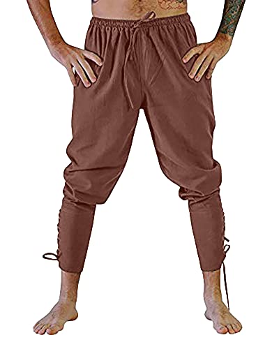 YAOHUOLE Herren Mittelalter Hose Schnürhose Herren Mittelalter Wikinger Renaissance Steampunk Hose Herren Braun L