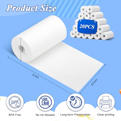 20 Rollen Nachfüllpapier für Kinderkamera, 57mm x30mm Thermopapier Kinderkamera, Thermodrucker Papier Weiß, 6,4m Kamera Kinder Sofortdruck Papier, Einfach auszutauschen