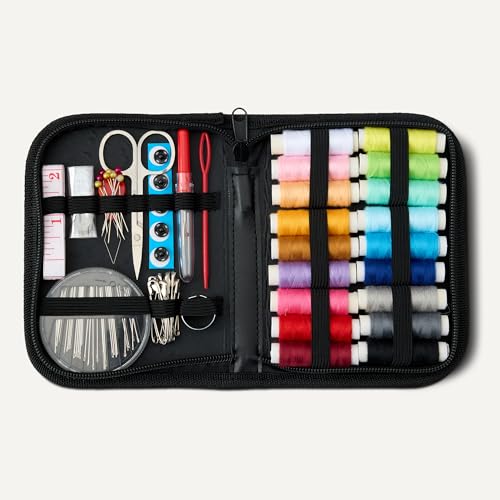 Image of Amazon Basics Portable Travel Sewing Kit for Adults, Includes Threads, Needles, Scissors, Buttons, Thimbles, Measuring Tape, Threader, Seam Ripper and Safety Pins, Black