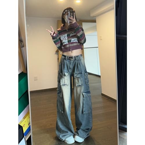 Ethbox Multi Pocket Retro Work Jeans Women's High Waist Loose Y2K Casual Jeans Gothic Wide Leg Pants (Large,Blue) by Ethbox - Used condition - Image 2