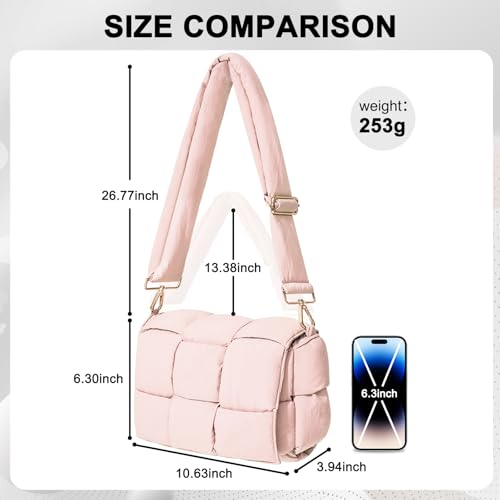 Image of Shoulder Bag Lightweight Puffer Tote Crossbody Bag Handwoven for Women | waterproof nylon, durable, soft padded texture, versatile for travel, work, weekend, everyday, adjustable strap