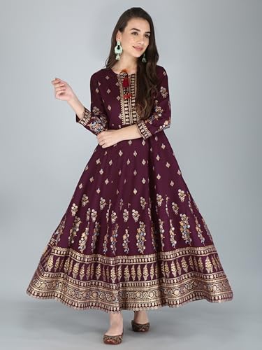 Image of Aj Art Anarkali Kurti for Women and Girls Floral Golden Print Regular Slim Fit Rayon Blue (Set of 1)
