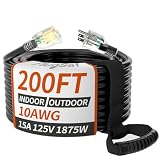 200ft 10 Gauge Outdoor Extension Cord Waterproof with Lighted Indicator,10 AWG SJTW Heavy Duty 15Amp 1875W,3 Prong Cords Flexible Copper Black ETL Listed