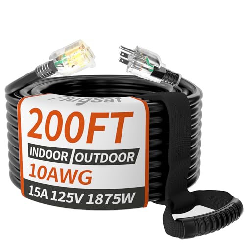 200ft 10 Gauge Outdoor Extension Cord Waterproof with Lighted Indicator 10 AWG SJTW Heavy Duty 15Amp 1875W 3 Prong Cords Flexible Copper Black ETL Listed