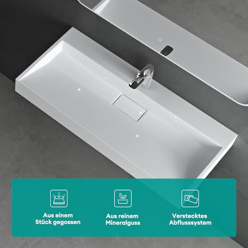 Mai & Mai Waschbecken Weiß Matt Aufsatzwaschbecken Hängewaschbecken Hängewaschtisch inkl. Ablaufgarnitur Mineralguss Rechteckig Waschplatz 1 Armaturenloch Breite: 90cm