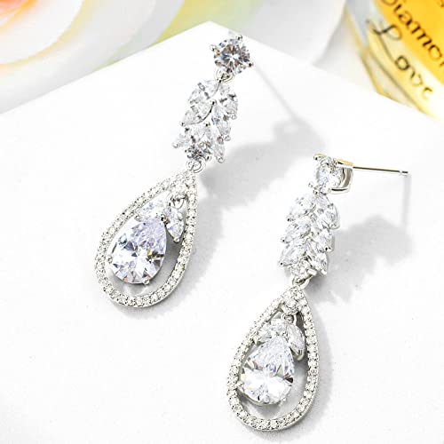 Wedding Earrings For Brides, Cubic Zirconia Leaves Teardrop Bride & Bridesmaid Bridal Earrings For Wedding, 14K White Gold Plated Dangle Earrings For Women, Prom, Pageant, Weddings Mother Of The Bride #TOP1