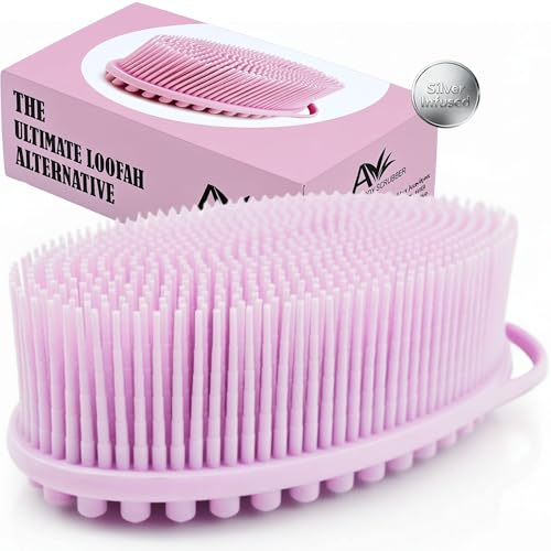 Avilana Silver Edition Body Scrubber - Silver-Ion Infused Silicone Shower Brush, ISO Tested Dual Sided, Stays Fresher Longer, SGS Certified Gentle Loofah Alternative (Pink-Silver, Massage)