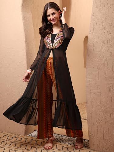 Image of EthnicJunction Women's Georgette Embroidered Hight Front Slit A-Line Co-ords Set | Kurta Palazzo Set | Office wear Kurta Set Kurta Set