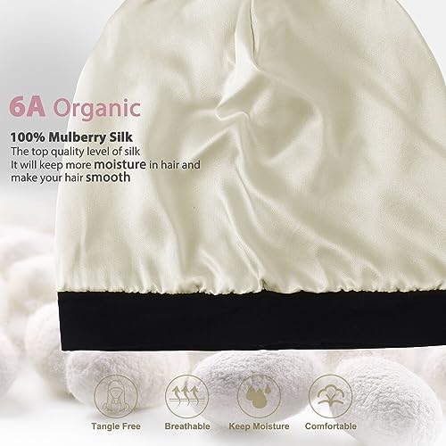 Hat Hut 100% Mulberry Silk Lined Sleep Cap Pure Silk Bonnet for Curly Hair Wrap Bonnet for Sleeping Slouchy Beanie (Black) - Image 2