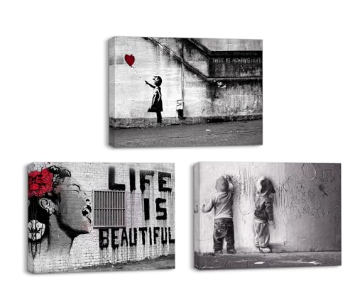 Piy Painting Cuadros Modernos, 3 Paneles Chica con globo rojo La vida es hermosa Graffiti Boys en la calle, Cuadro Decoracion Salon, Impresion de Lienzo para Baño Hotel, como Regalo 58X40CM