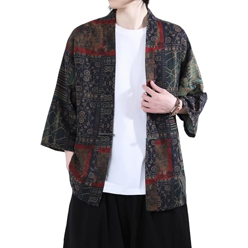 PRIJOUHE Men's Cotton Linen Kimono Jacket Lightweight Open Front Kimono Cardigan Japanese 3/4 Sleeve Yukata Coat2
